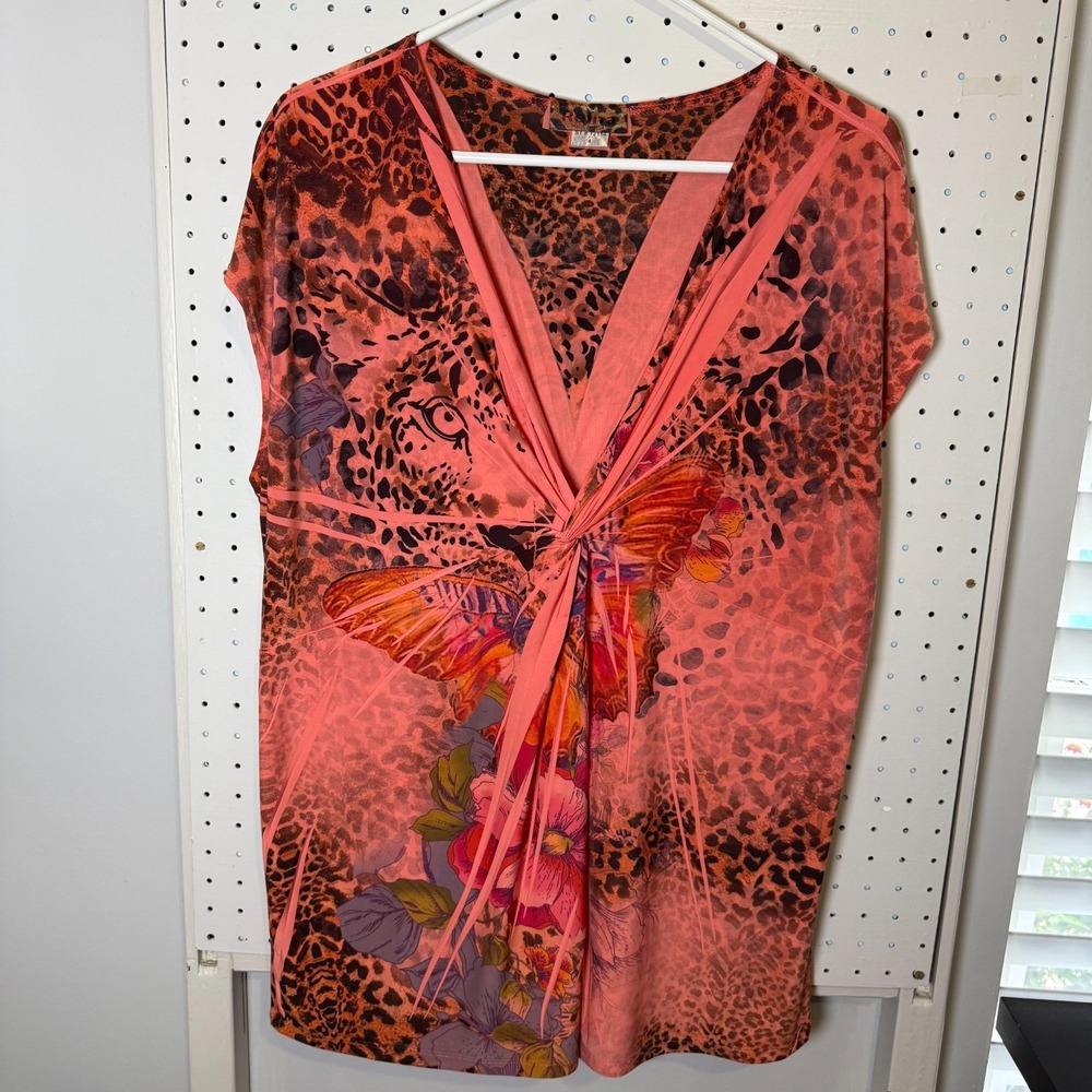 Reina Top Women's 4 Coral Leopard Print‎ Deep V-Neck Twisted Sleeveless Blouse